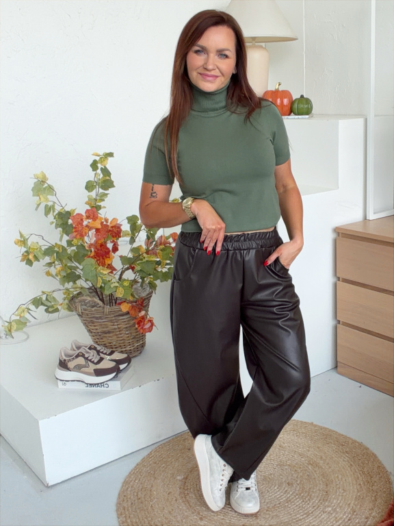 Koženkové barelové kalhoty do 2XL - čokoládové