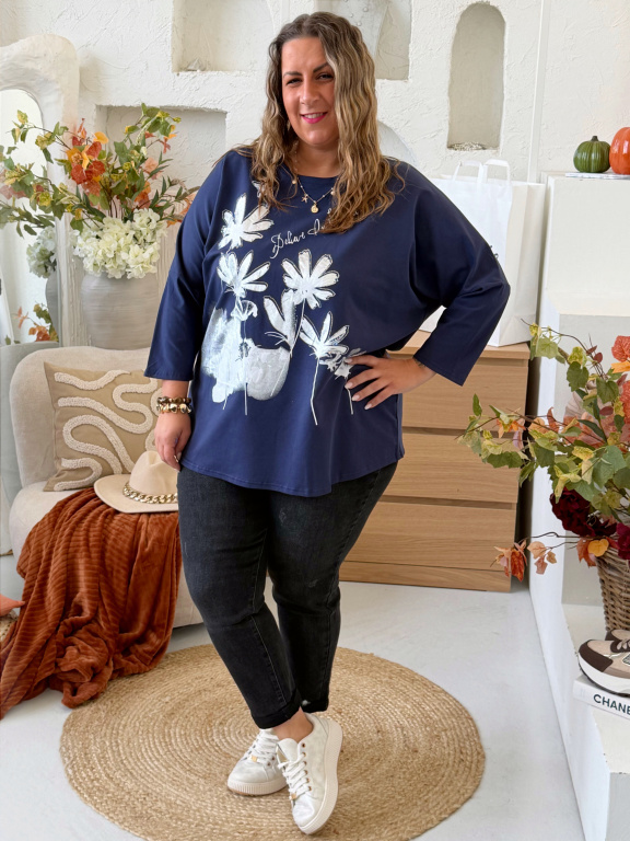 Oversize tričko Flower Ellie do 4XL - tmavě modré