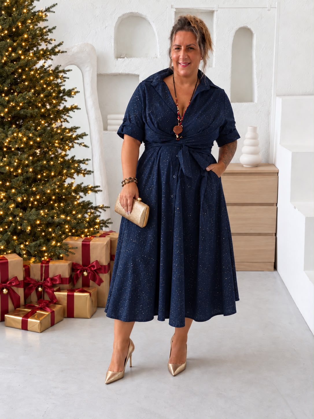 Zavinovací áčkové šaty Glitter Susan  do 3XL - tmavě modré