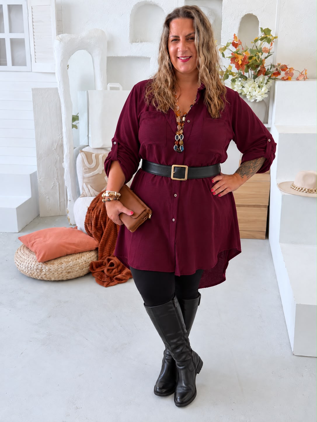 Lehounká oversize košile do 3XL velikosti nemačkavá - bordó