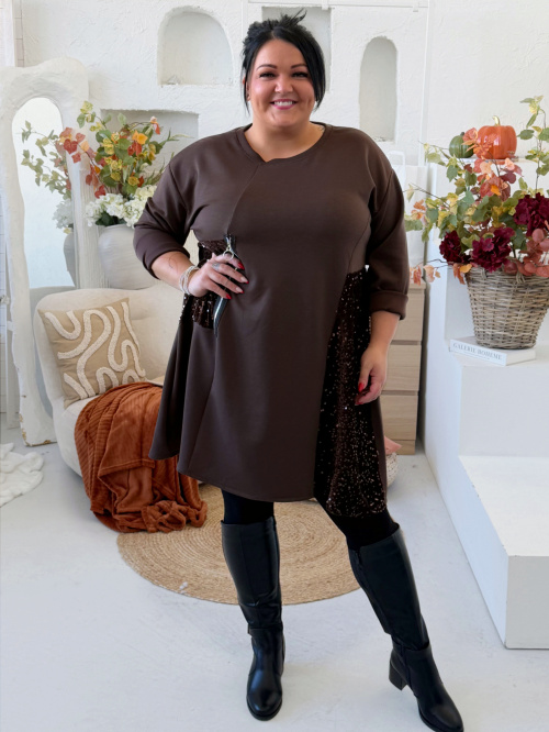 Máselkové sváteční šaty Elori do 4XL - čokoládové