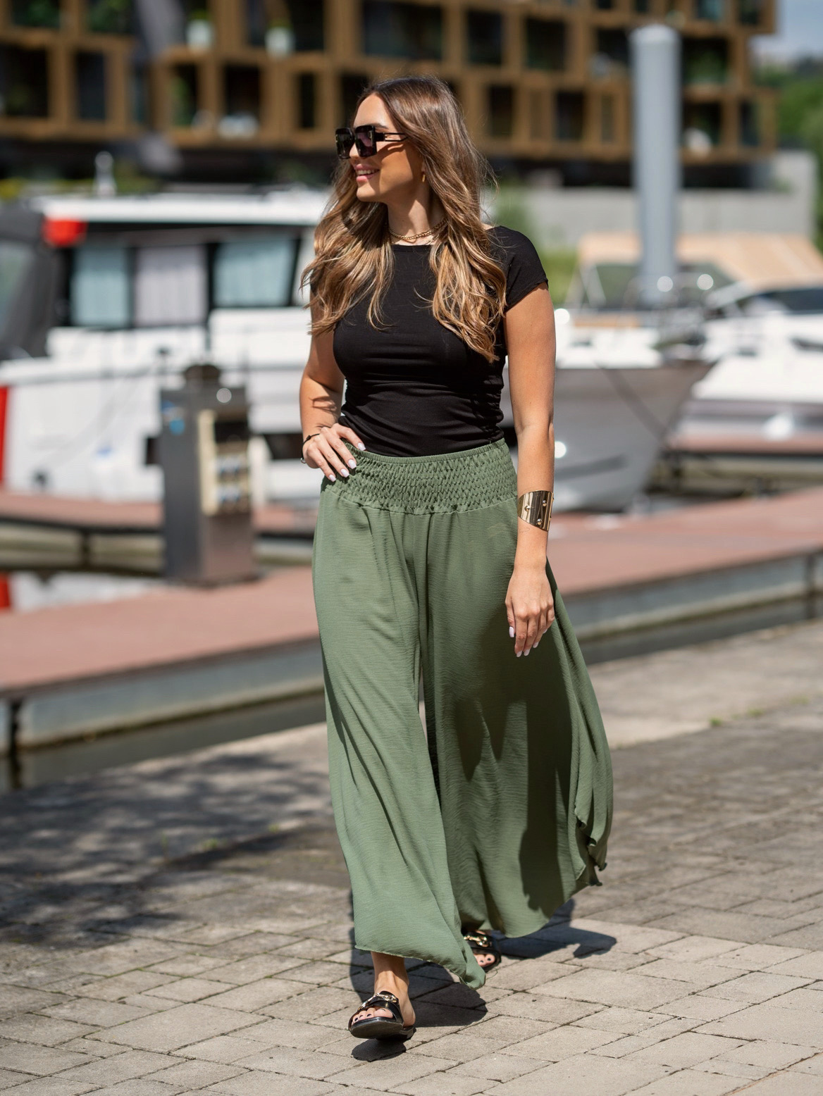 Volné kalhoty Summer khaki s výkrojem
