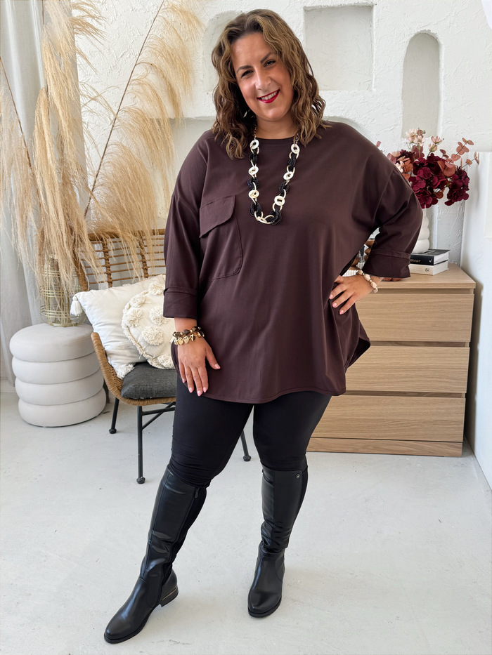 Oversize mikinové triko s kapsou do 5XL čokoládové