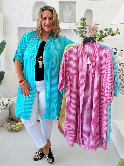 Prodloužená košile proužek do 4XL - fuchsiová