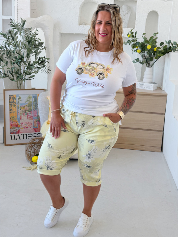 Větší superstrečové capri kalhoty Flower žluté
