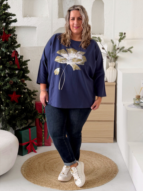 Oversize tričko Květina Ellie do 4XL - tmavě modré