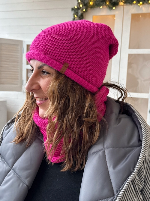 Komplet Rose čepice a nákrčník - FUCHSIOVÁ