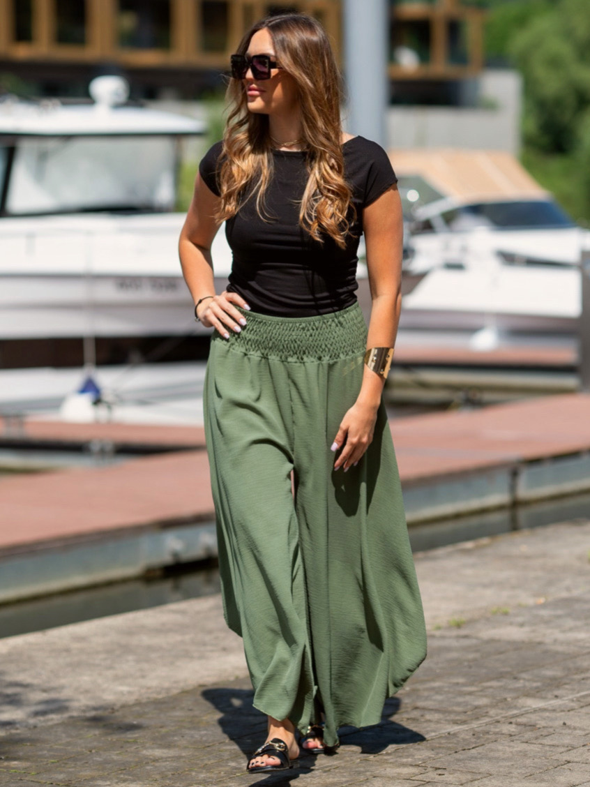 Volné kalhoty Summer khaki s výkrojem