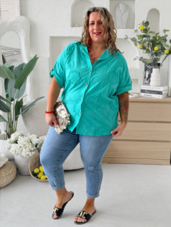 Bavlněná košile Flower Comfort do 3XL -  tyrkysová