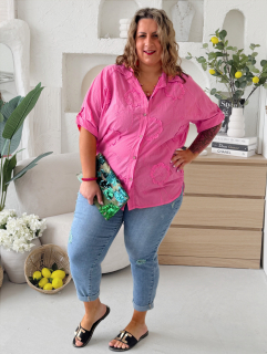 Bavlněná košile Flower Comfort do 3XL -  fuchsiová 