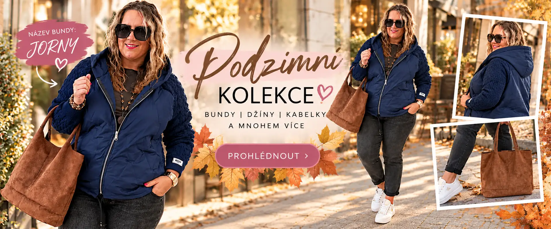 banner upozorňující na bundu s pletenými rukávy